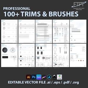 Puede incluir: Gráfico con el texto "PROFESSIONAL 100+ TRIMS & BRUSHES" y "EDITABLE VECTOR FILE .ai / .eps / .pdf / .svg". La imagen muestra varias plantillas de fichas técnicas de moda, incluyendo botones, cremalleras y otros detalles de prendas.