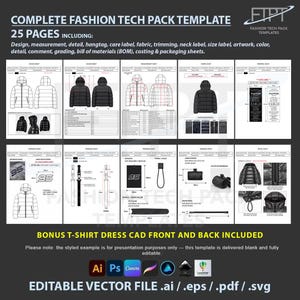Bewerkbaar fashion tech pack sjabloon kledingontwerp specificatieblad Ai Eps Pdf Svg