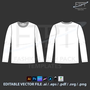 Puede incluir: Dibujo técnico de una camiseta blanca de manga larga, vistas delantera y trasera, con cuello redondo y puños grises. La imagen incluye el texto "FASHION TECH PACK TEMPLATES" e iconos de tipo de archivo.