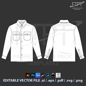 May include: White long-sleeve shirt technical drawing, front and back views. Features a button-down collar, two chest pockets, and buttoned cuffs. Includes the text "FASHION TECH PACK TEMPLATES" and "EDITABLE VECTOR FILE .ai / .eps / .pdf / .svg / .png".