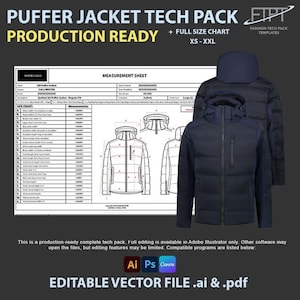 Ski Puffer Jacket Tech Pack Production Ready | Full CAD Spec Sheet AI PDF Canva