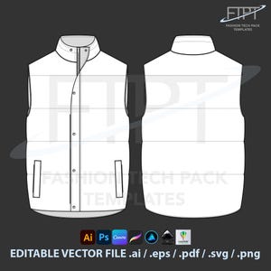 Könnte beinhalten: Technische Zeichnung einer weißen Steppweste, Vorder- und Rückansicht. Stehkragen, Druckknopf- und Reißverschluss, zwei Vordertaschen. Text: "FASHION TECH PACK TEMPLATES" und "EDITABLE VECTOR FILE .ai / .eps / .pdf / .svg / .png".
