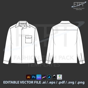 May include: White long-sleeve shirt technical drawing, front and back views, with a pocket on the front. The image includes the text "FASHION TECH PACK TEMPLATES" and "EDITABLE VECTOR FILE .ai / .eps / .pdf / .svg / .png".