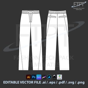Jogger Pants Mockup Tech Pack Vector CAD Template With Elastic Waist Front And Back Flat Sketch Editable Production File Technical Drawing