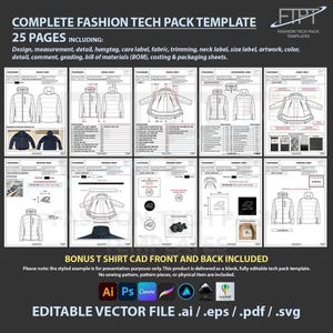 Plantilla editable tech pack de moda ficha técnica de diseño de ropa Ai Eps Pdf Svg