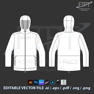 May include: A white hooded jacket technical drawing, front and back views, with a zip closure and pockets. The image includes the text "FASHION TECH PACK TEMPLATES" and "EDITABLE VECTOR FILE .ai / .eps / .pdf / .svg / .png".