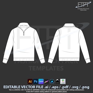 Unisex Half Zip Sweater Mockup Technical Drawing Vector CAD Tech Pack Template (Ai, Eps, Pdf, Svg)