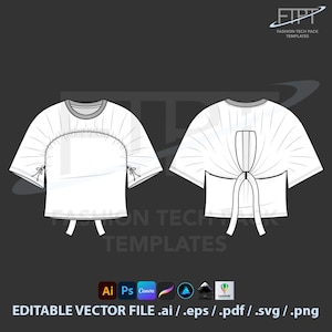 May include: A white short-sleeved top design, front and back views, with a gathered bodice and tie details. The design includes a crew neck and short sleeves. The image also includes the text "FASHION TECH PACK TEMPLATES" and "EDITABLE VECTOR FILE .ai / .eps / .pdf / .svg / .png".
