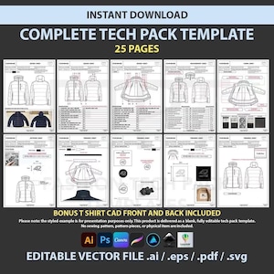 May include: A digital tech pack template with the text "INSTANT DOWNLOAD" and "COMPLETE TECH PACK TEMPLATE 25 PAGES". The template includes design sheets, measurement sheets, and fabric sheets. Bonus T-shirt CAD front and back included. Editable vector file.