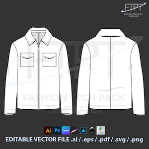 May include: A white jacket technical fashion template, front and back views, with a collar, two chest pockets, and a zipper closure. The image includes the text "FASHION TECH PACK TEMPLATES" and "EDITABLE VECTOR FILE .ai / .eps / .pdf / .svg / .png".