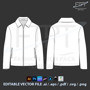 Op de afbeelding: Technisch mode-pack sjabloon van een witte jas, voor- en achteraanzicht. Voorzien van een kraag, ritssluiting en zakken. Inclusief bestandstype-pictogrammen en de tekst "EDITABLE VECTOR FILE .ai / .eps / .pdf / .svg / .png".