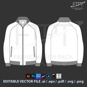 May include: A white bomber jacket technical fashion template with gray accents. The jacket features a full zipper, pockets, and a ribbed collar and hem. The image includes the text "FASHION TECH PACK TEMPLATES" and "EDITABLE VECTOR FILE .ai / .eps / .pdf / .svg / .png".