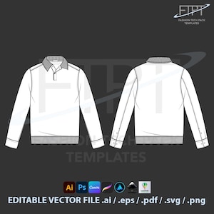 May include: White long-sleeved polo shirt technical fashion template, front and back views. Features a gray collar, cuffs, and hem. Includes editable vector file formats: .ai, .eps, .pdf, .svg, and .png. The logo "FIPT FASHION TECH PACK TEMPLATES" is at the top.