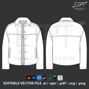 Puede incluir: Plantilla técnica de moda de chaqueta blanca, vistas delantera y trasera, con cuello, cierre de botones y bolsillos. La imagen incluye el texto "FASHION TECH PACK TEMPLATES" y "EDITABLE VECTOR FILE .ai / .eps / .pdf / .svg / .png".