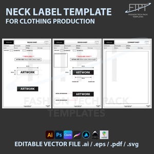 Puede incluir: Una plantilla de etiqueta de cuello para la producción de ropa. Las hojas de diseño incluyen espacio para ilustraciones, dimensiones y líneas de plegado. El texto "NECK LABEL TEMPLATE FOR CLOTHING PRODUCTION" está en la parte superior. Archivo vectorial editable.