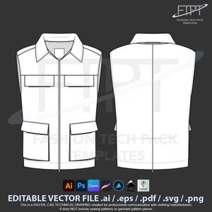 Utility bodywarmer tech pack sjabloon bewerkbare fashion CAD digitale download