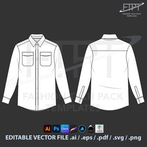 May include: White long-sleeve shirt technical drawing, front and back views. Features a button-down front, two chest pockets, and buttoned cuffs. Includes the text "FASHION TECH PACK TEMPLATES" and "EDITABLE VECTOR FILE .ai / .eps / .pdf / .svg / .png".
