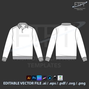 Puede incluir: Dibujo técnico de una camisa polo blanca de manga larga, vistas delantera y trasera, con cuello, puños y dobladillo grises. La imagen incluye el texto "FIPT FASHION TECH PACK TEMPLATES" y "EDITABLE VECTOR FILE .ai / .eps / .pdf / .svg / .png".