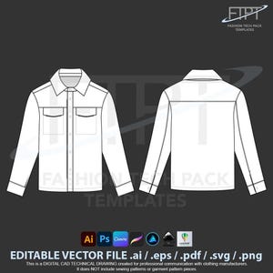 Camisa vaquera western plantilla tech pack dibujo técnico vectorial CAD Ai Eps Pdf Svg