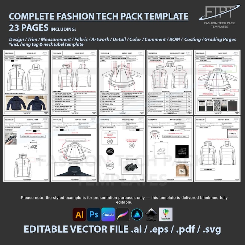 Fashion CAD Bundle Tech Pack Templates Editable Vector Mockup Pack Flat ...