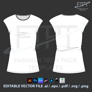 Peut inclure: Un design de haut sans manches blanc, présenté en vues avant et arrière. Le design présente une encolure ronde avec une bordure contrastée. L'image comprend le texte "FASHION TECH PACK TEMPLATES" et "EDITABLE VECTOR FILE .ai / .eps / .pdf / .svg / .png".