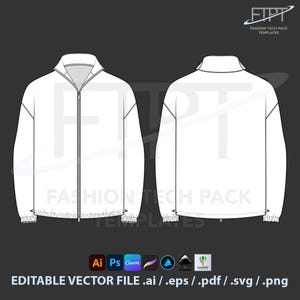 Peut inclure: Illustration vectorielle blanche d'une veste, présentée de face et de dos. La veste a une fermeture éclair, un col montant et des poignets et un ourlet élastiques. L'image comprend le texte "FASHION TECH PACK TEMPLATES" et "EDITABLE VECTOR FILE .ai / .eps / .pdf / .svg / .png."