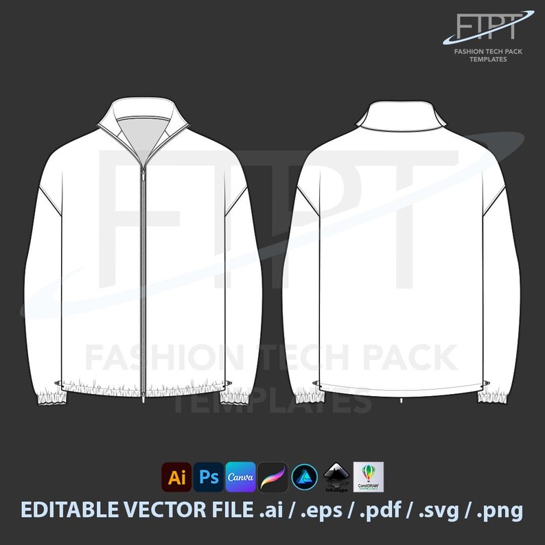 Unisex Windbreaker Jacket Mockup Technical Drawing Vector CAD Tech Pack ...