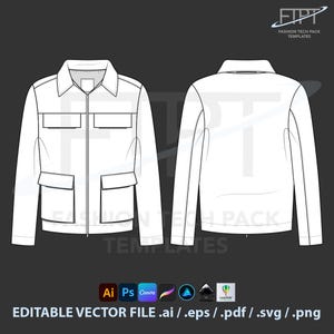 May include: White jacket technical fashion template with front and back views. Features a collar, zipper closure, multiple pockets, and long sleeves. Includes the text "FASHION TECH PACK TEMPLATES" and "EDITABLE VECTOR FILE .ai / .eps / .pdf / .svg / .png".