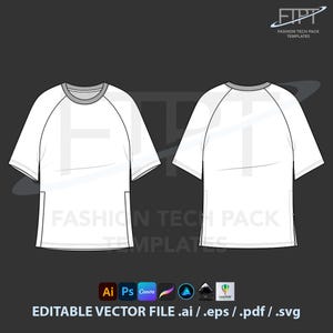 May include: A white t-shirt technical fashion template with a gray crew neck and short raglan sleeves. The front and back views are shown. The text "FASHION TECH PACK TEMPLATES" and "EDITABLE VECTOR FILE .ai / .eps / .pdf / .svg" are also visible.