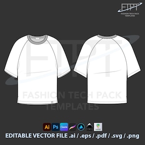 May include: A white short-sleeved t-shirt design with a gray crew neck and raglan sleeves, displayed from the front and back views. The text "FASHION TECH PACK TEMPLATES" is visible. The design is an editable vector file.