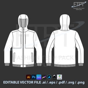 Può includere: Modello tecnico di moda di giacca con cappuccio bianca con vista anteriore e posteriore. Presenta chiusura con cerniera, tasche e finiture grigie. Include il testo "FASHION TECH PACK TEMPLATES" e "EDITABLE VECTOR FILE .ai / .eps / .pdf / .svg / .png."