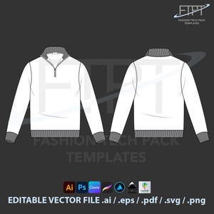 May include: A white long-sleeved sweater with a gray collar, cuffs, and hem, featuring a quarter-zip neckline. The image shows front and back views of the garment. Text at the bottom reads "EDITABLE VECTOR FILE .ai / .eps / .pdf / .svg / .png".