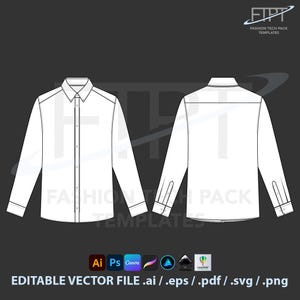 May include: White long-sleeve shirt technical drawing, front and back views, with a button-down collar and cuffs. The image includes the text "FASHION TECH PACK TEMPLATES" and "EDITABLE VECTOR FILE .ai / .eps / .pdf / .svg / .png".