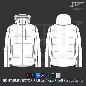 Könnte beinhalten: Technische Zeichnung einer weißen Steppjacke, Vorder- und Rückansicht, mit Kapuze und Reißverschluss. Das Jackendesign umfasst Taschen und einen hohen Kragen. Der Text "FASHION TECH PACK TEMPLATES" und "EDITABLE VECTOR FILE .ai / .eps / .pdf / .svg / .png" ist enthalten.