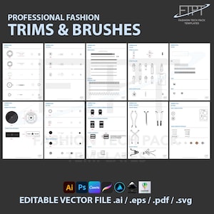 Puede incluir: Ilustración digital que muestra adornos y pinceles de moda profesionales. La imagen presenta varios elementos de diseño, incluyendo cremalleras, botones y otros detalles de prendas. El texto incluye "PROFESSIONAL FASHION TRIMS & BRUSHES" y "EDITABLE VECTOR FILE .ai / .eps / .pdf / .svg".