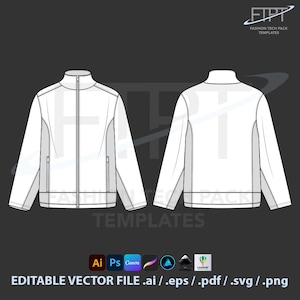 May include: A white jacket technical drawing, front and back views, with a high collar and a full-length zipper. The design includes two front pockets. The image also includes the text "FASHION TECH PACK TEMPLATES" and "EDITABLE VECTOR FILE .ai / .eps / .pdf / .svg / .png".