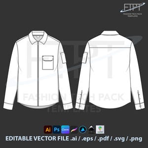 Op de afbeelding: Technische tekening van een wit overhemd met lange mouwen, voor- en achteraanzicht. Voorzien van kraag, borstzak en mouwdetails. Tekst: "FASHION TECH PACK TEMPLATES" en "EDITABLE VECTOR FILE .ai / .eps / .pdf / .svg / .png".