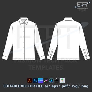 Puede incluir: Una camisa blanca de manga larga, vista frontal y trasera, sobre un fondo gris oscuro. La camisa tiene un cuello clásico y puños abotonados. La imagen incluye el texto "FASHION TECH PACK TEMPLATES" y "EDITABLE VECTOR FILE .ai / .eps / .pdf / .svg / .png".