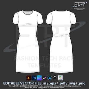 Abito T shirt donna manica corta mockup disegno tecnico vector CAD template tech pack (Ai, Eps, Pdf, Svg)