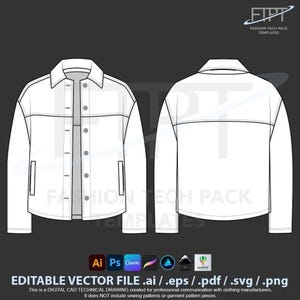 Denim Jacket Tech Pack Template: Editable Vector cad (ai, eps, pdf, svg, png)