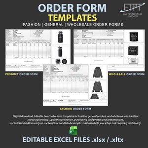 Peut inclure: Modèles de formulaires de commande Excel numériques pour la mode, les produits généraux et la vente en gros. Les modèles incluent des exemples vierges et remplis. L'image montre un bon de commande de produit, un bon de commande en gros et un bon de commande de mode.