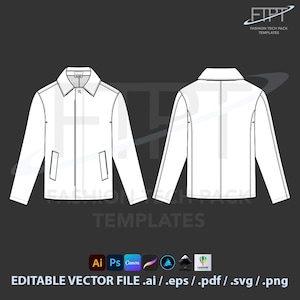 May include: A white jacket technical fashion template, front and back views, with a collar, pockets, and button closure. The image includes the text "FASHION TECH PACK TEMPLATES" and "EDITABLE VECTOR FILE .ai / .eps / .pdf / .svg / .png".