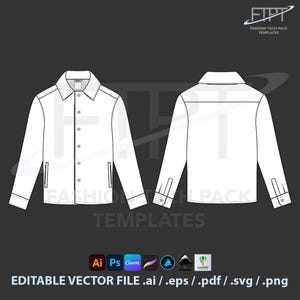 Könnte beinhalten: Technische Zeichnung eines weißen Langarmhemdes, Vorder- und Rückansicht, mit Kragen, Knopfleiste und Taschen. Das Bild enthält den Text "FASHION TECH PACK TEMPLATES" und "EDITABLE VECTOR FILE .ai / .eps / .pdf / .svg / .png".