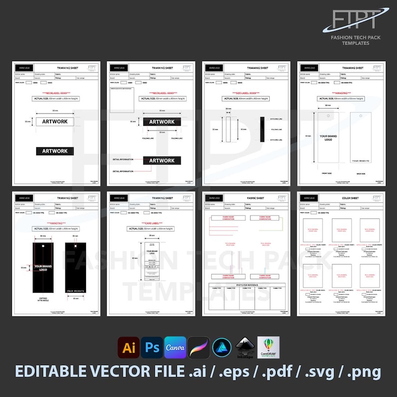 Editable Clothing Tech Pack Template Vector CAD Layout (ai, Eps, Pdf