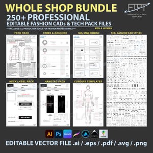 Könnte beinhalten: Werbegrafik für ein komplettes Shop-Bundle mit editierbaren Mode-CADs und Tech-Pack-Dateien. Das Bild enthält verschiedene Designvorlagen, darunter Tech Packs, Verzierungen und Pinsel, Nahtsymbole und Mode-CAD-Stile. Das Bundle ist für Männer und Frauen und enthält Vektordateiformate.
