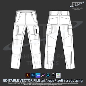 Workwear Cargo Pants Tech Pack Template: Utility Trousers CAD Technical Drawing (ai, eps, svg)
