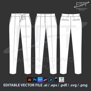 Puede incluir: Plantillas de paquete técnico de moda de pantalones blancos. La imagen muestra tres vistas diferentes de pantalones blancos, incluidas las vistas frontal, lateral y trasera. El texto "FASHION TECH PACK TEMPLATES" es visible. La imagen también incluye iconos de tipo de archivo y el texto "EDITABLE VECTOR FILE .ai / .eps / .pdf / .svg / .png".