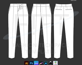Uniform chino broek mockup technische tekening vector CAD tech pack sjabloon slim fit kantoor (Ai, Eps, Pdf, Svg)