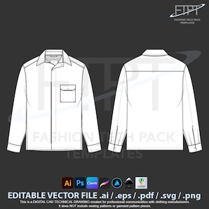Overshirt Shacket Mockup Tech Pack Template Vector CAD Technical Drawing  (ai, eps, pdf, svg)