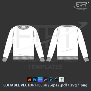 Op de afbeelding: Een technische tekening van een witte sweatshirt met lange mouwen en grijze afwerking op de kraag, manchetten en zoom. De voor- en achteraanzicht worden weergegeven. De afbeelding bevat de tekst "FASHION TECH PACK TEMPLATES" en "EDITABLE VECTOR FILE .ai / .eps / .pdf / .svg / .png."